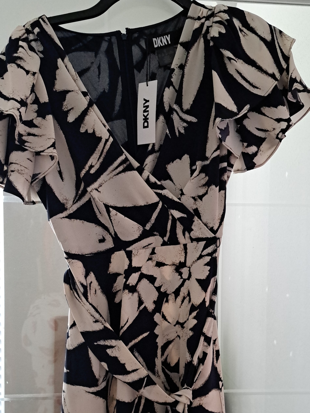 DKNY Navy and Cream Floral Midi Wrap Dress